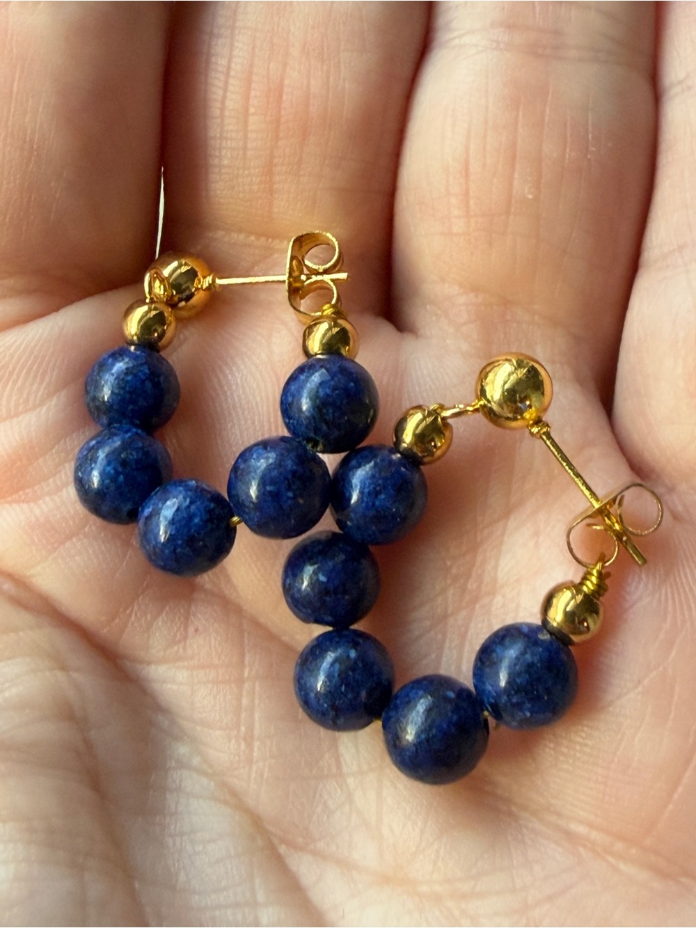 Gold and Blue Bead Hoop Earrings Lapis-Lazuli Gemstone